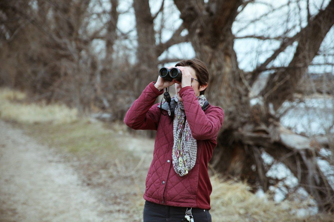 Person using binoculars near leafless trees