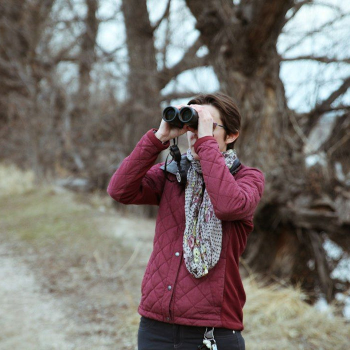 Person using binoculars near leafless trees