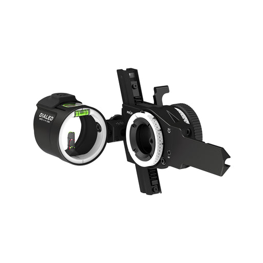 Dialed PRÜF Mover bow sight with MAG 3V scope, Bridge-Lock dovetail frame, angled inside view in black
