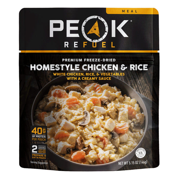 Peak Refuel Homestyle Chicken and Rice freeze dried meal pouch