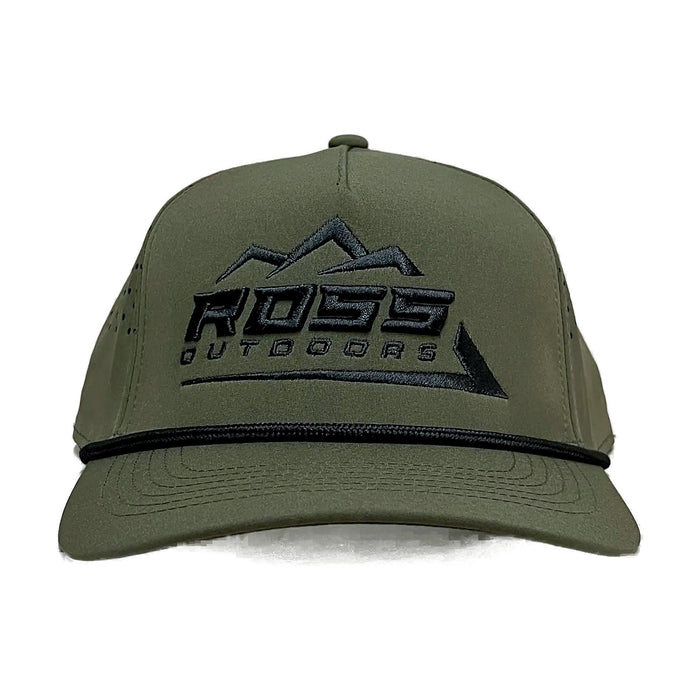 Ross Outdoors Olive Ranger 5-Panel Hat - front view with embroidered black Ross Outdoors logo and black rope
