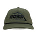 Ross Outdoors Olive Ranger 5-Panel Hat - front view with embroidered black Ross Outdoors logo and black rope