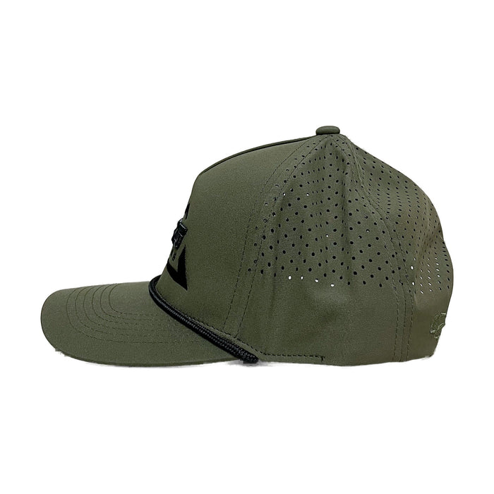 Ross Outdoors Olive Ranger 5-Panel Hat - side view showing perforated panels and curved visor